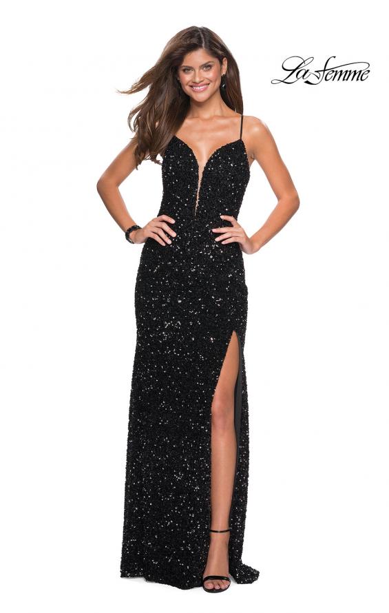 Picture of: Long Sequin Gown with Plunging Sweetheart Neckline in Black, Style: 26937, Detail Picture 2