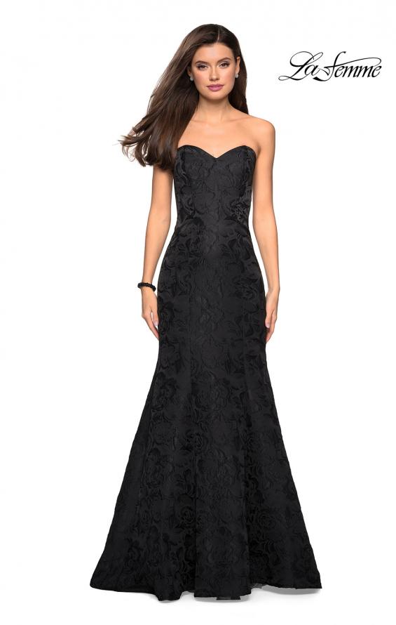 Picture of: Long Floral Jacquard Strapless Prom Dress in Black, Style: 27149, Detail Picture 2