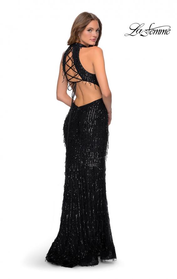 Picture of: High Neck Sequin Fringe Dress with Tie Up Back in Black, Style: 28819, Detail Picture 2