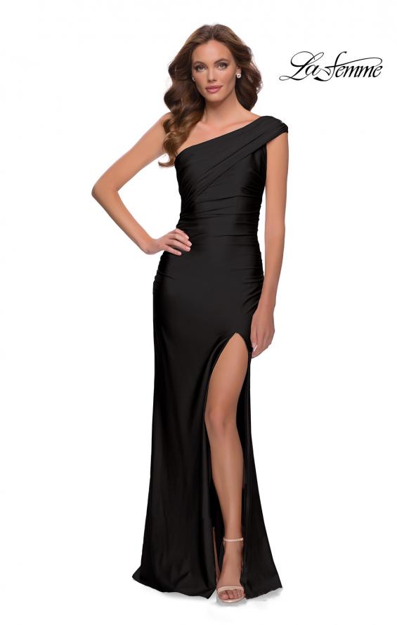 Picture of: One Shoulder Shiny Ruched Jersey Dress with Slit in Black, Style 29619, Detail Picture 2