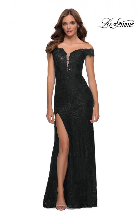 Picture of: Lace Off the Shoulder Gown with Deep V Neckline in Black, Style 29693, Detail Picture 2