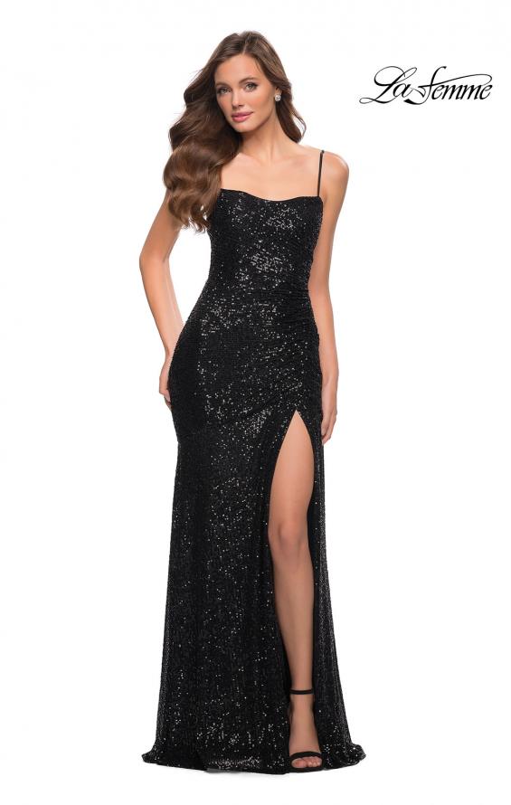 Picture of: Lace Up Back Sequin Gown with Flare Skirt in Black, Style 29741, Detail Picture 2