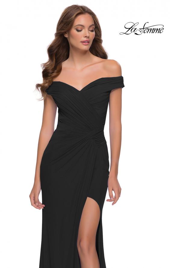Picture of: Off the Shoulder Net Jersey Dress with Ruching in Black, Style 29756, Detail Picture 2