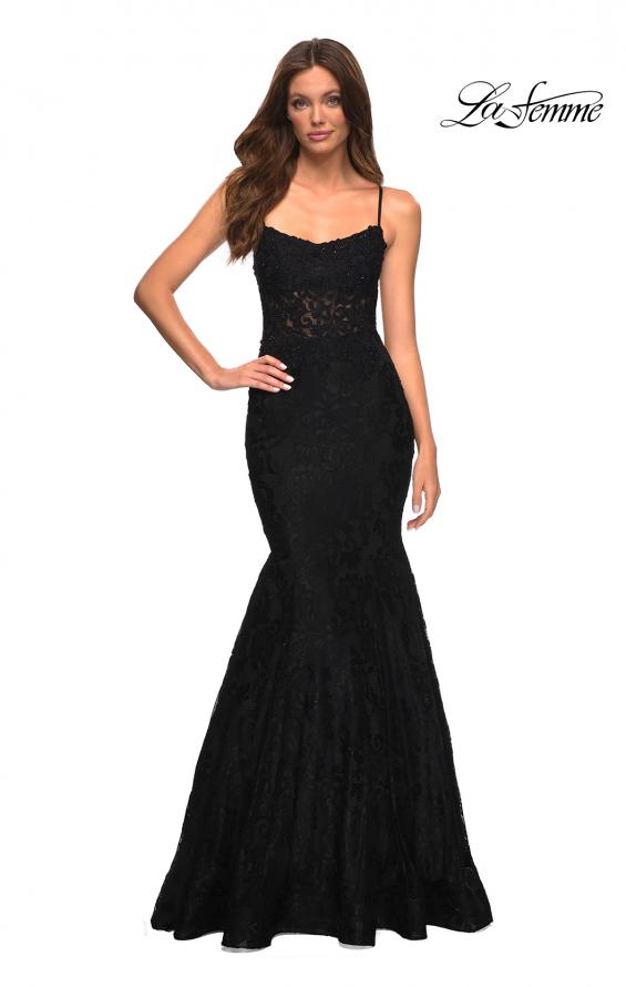 Picture of: Mermaid Lace Gown with Sheer Bodice and Open Back in Black, Style: 30467, Detail Picture 2