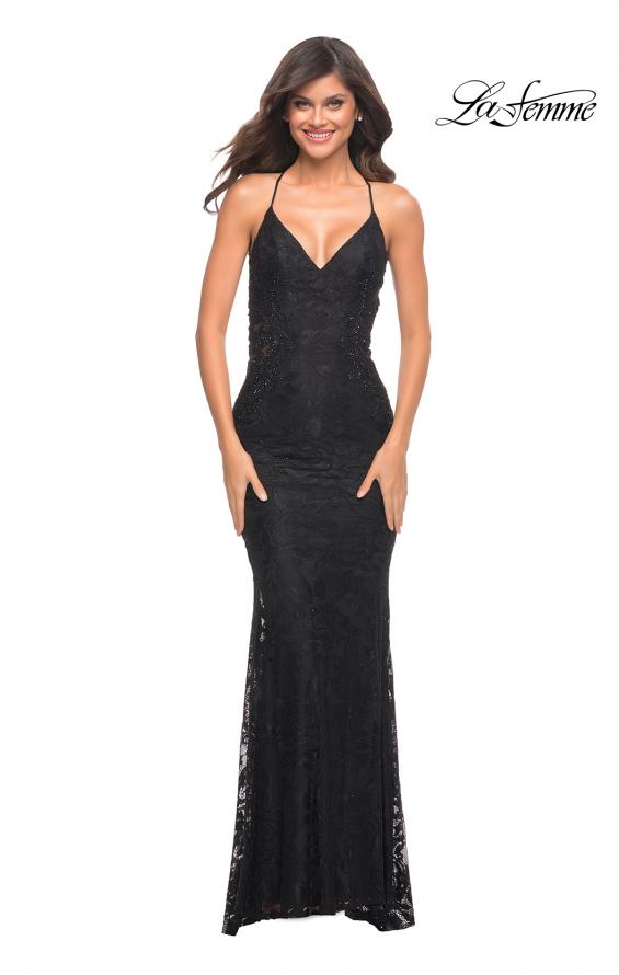 Picture of: Lace Prom Dress with Illusion Embellished Sides in Black, Style: 30474, Detail Picture 2