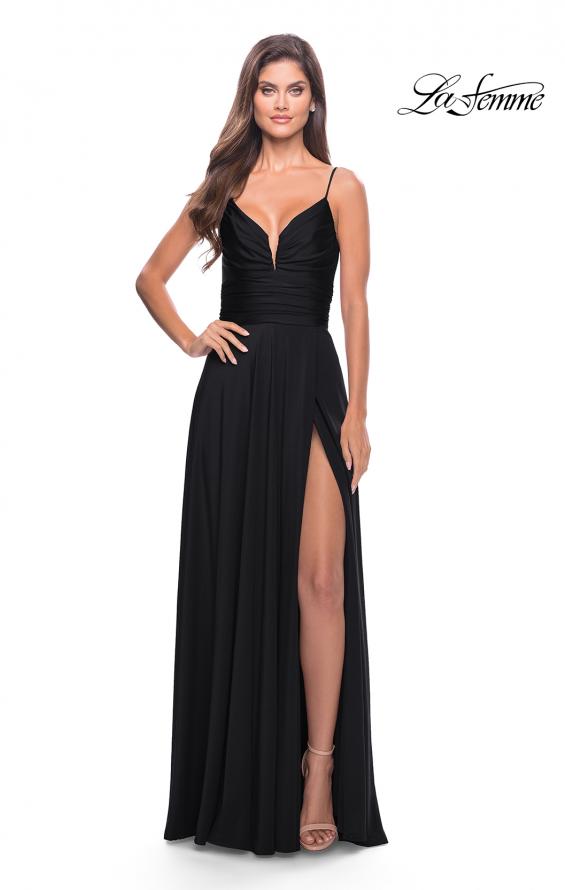 Picture of: Versatile Long Jersey Gown with V and Slit in Black, Style: 31090, Detail Picture 2