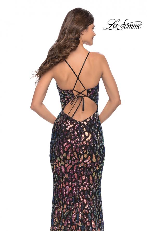 Picture of: Multi Color Print Sequin Dress with Lace Up Back in Black, Style: 31206, Detail Picture 2