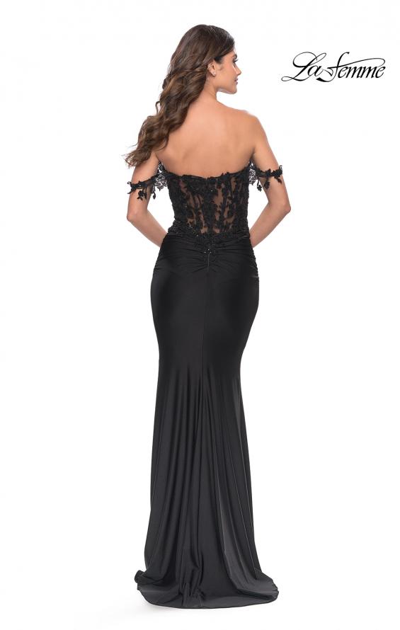 Picture of: Sheer Lace Bodice with Off the Shoulder Straps and Jersey Skirt Gown in Black, Style: 31314, Detail Picture 2