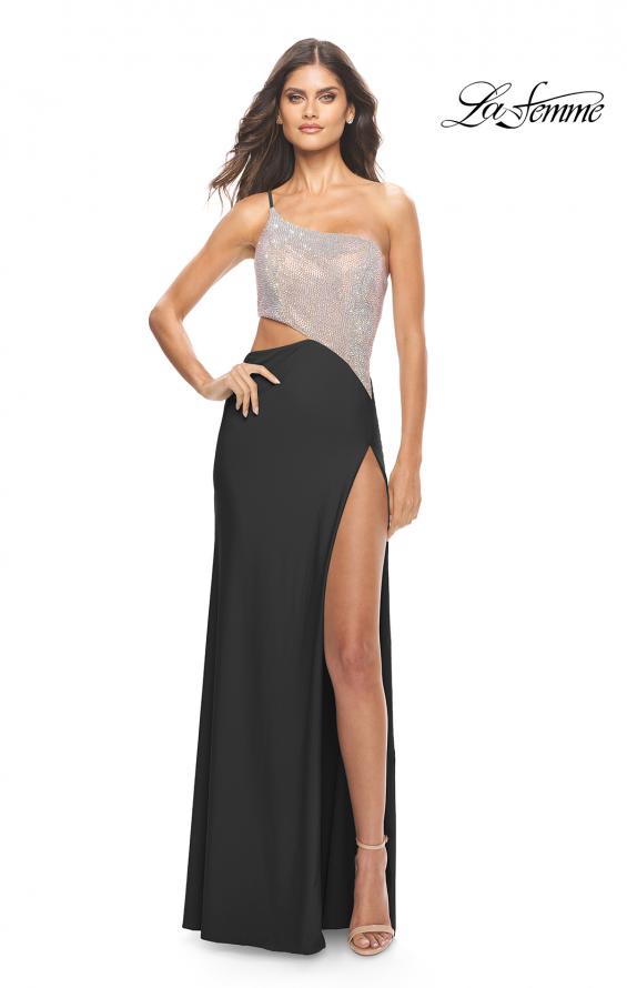 Picture of: One Shoulder Dress with Side Cut Out and Rhinestone Bodice in Black, Style: 31600, Style: 31600