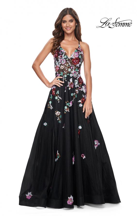 Picture of: Multi Color Sequin Floral Applique A-Line Prom Dress in Black, Style: 32051, Detail Picture 2