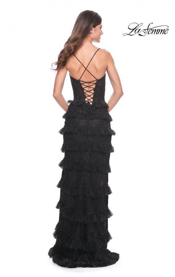 Picture of: Fitted Ruffle Skirt Lace Dress with Illusion Bodice in Black, Style: 32113, Detail Picture 2