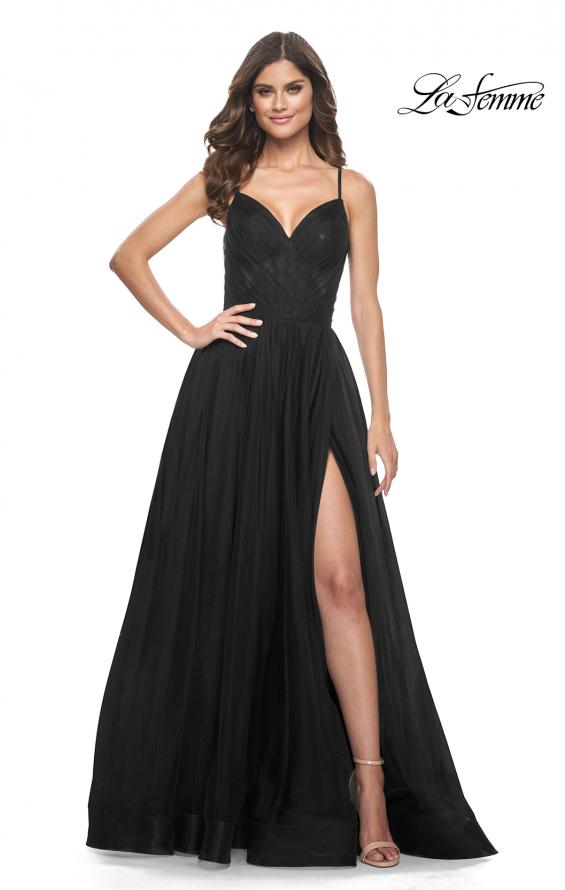 Picture of: Simple Tulle A-LIne Prom Dress with Ruched Illusion Bodice in Black, Style: 32130, Detail Picture 2