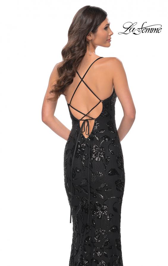 Picture of: Black Print Sequin Stretch Dress with Lace Up Back in Black, Style: 32415, Detail Picture 2