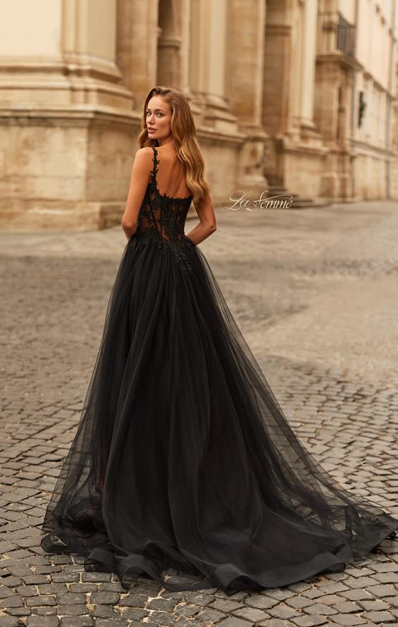 Black Picture of: Beaded Lace Corset Gown with Sheer Tulle Skirt and Slit in Black, Style: 33499, Detail Picture 2