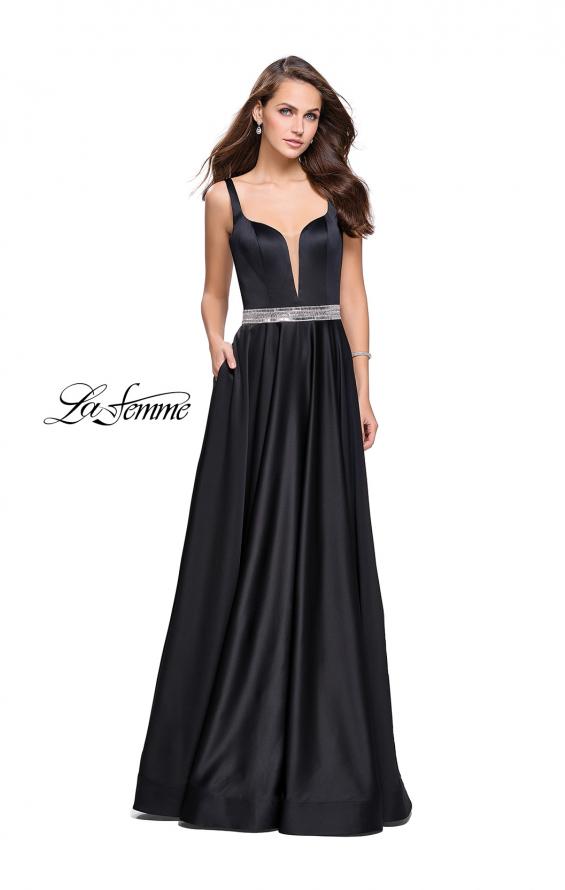 Picture of: Satin Prom Dress with A Line Skirt and Beaded Belt in Black, Style: 24821, Detail Picture 3