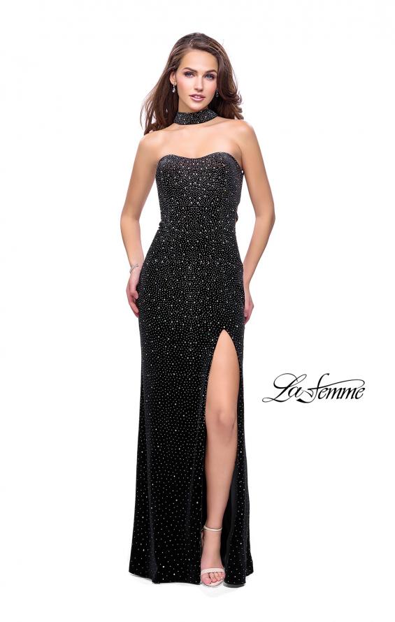 Picture of: Long Strapless Velvet Prom Gown with Cascading Beads in Black, Style: 26239, Detail Picture 3