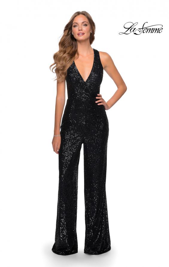 Picture of: Long Sequin Jumpsuit with Criss Cross Back in Black, Style: 28719, Detail Picture 3