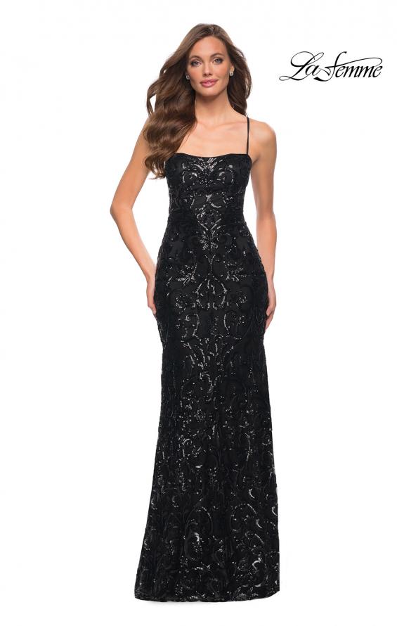 Picture of: Print Sequin Long Dress with Lace Up Back in Black, Style 29638, Detail Picture 3