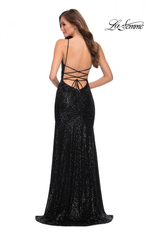 Picture of: Lace Up Back Sequin Gown with Flare Skirt in Black, Style 29741, Detail Picture 3