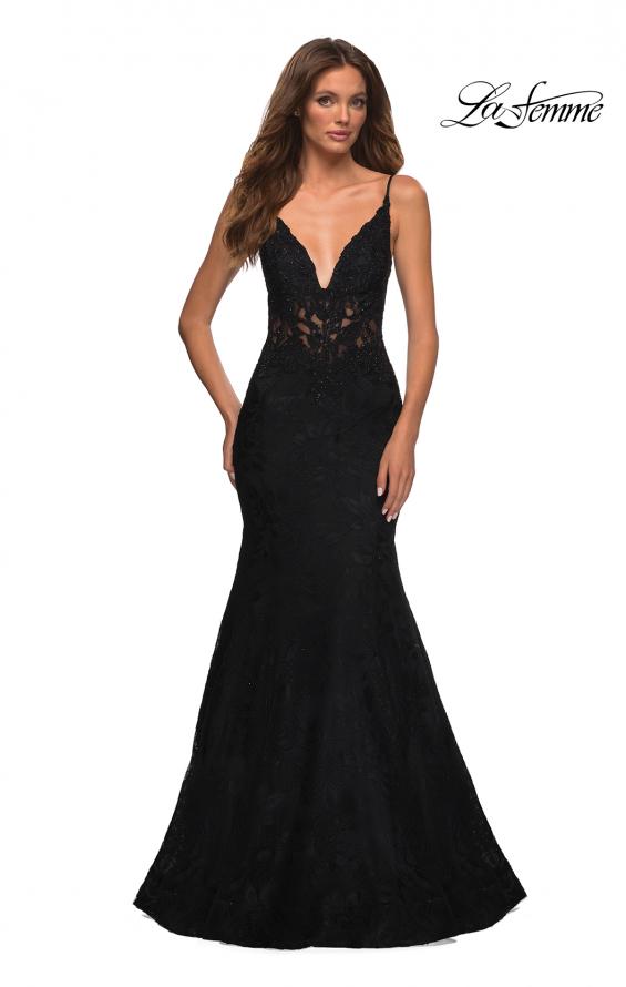 Picture of: Mermaid Lace Prom Dress with Sheer Jeweled Bodice in Black, Detail Picture 3