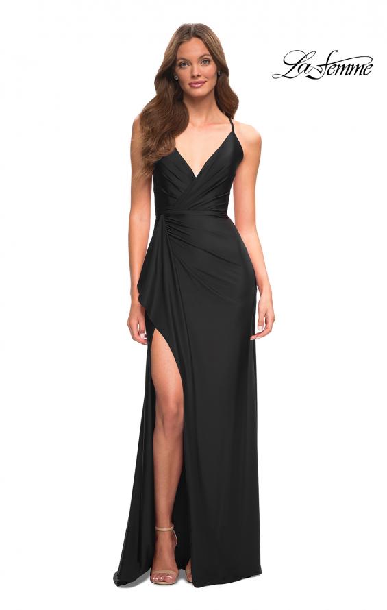 Picture of: Faux Wrap Jersey Dress with Slit and Strappy Back in Black, Style: 30501, Detail Picture 3