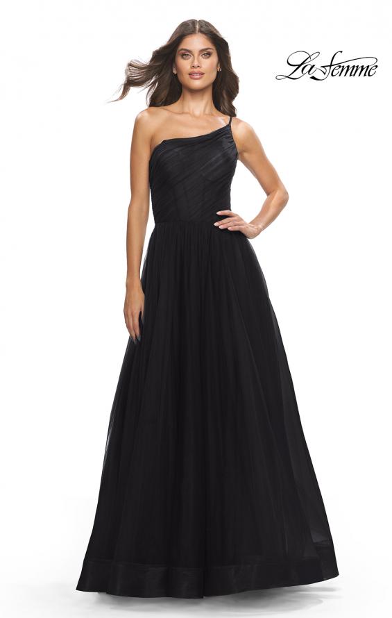 Picture of: One Shoulder A-Line Tulle Gown with Sheer Bodice in Black, Style: 31069, Detail Picture 3