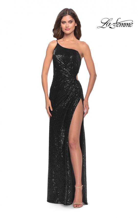 Picture of: One Shoulder Sequin Dress with Circle Cut Out in Black, Style: 31089, Detail Picture 3