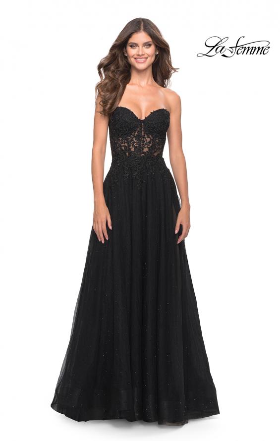 Picture of: Rhinestone Tulle A-Line Gown with Lace Bodice in Black, Style: 31525, Detail Picture 3