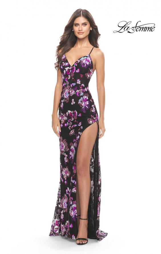 Picture of: Floral Print Sequin Lace Dress with High Slit in Black, Style: 31597, Detail Picture 3
