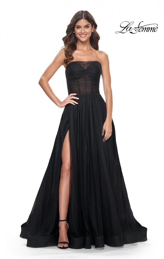 Picture of: Rhinestone Embellished Tulle Gown with Strapless Top in Black, Style: 32029, Detail Picture 3