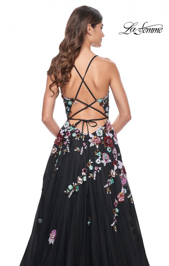 Picture of: Multi Color Sequin Floral Applique A-Line Prom Dress in Black, Style: 32051, Detail Picture 3