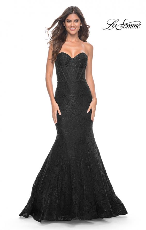 Picture of: Mermaid Stretch Lace Dress with Bustier Top and Sheer Back in Black, Style: 32249, Detail Picture 3