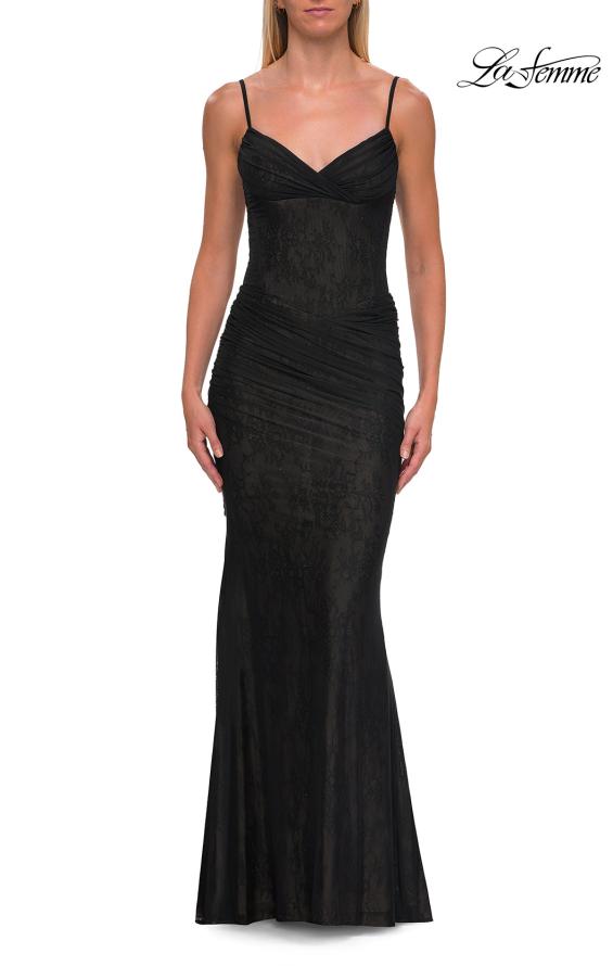 Black Picture of: Ruched Beaded Mesh and Lace Gown with V-Neckline in Black, Style: 33632, Detail Picture 3