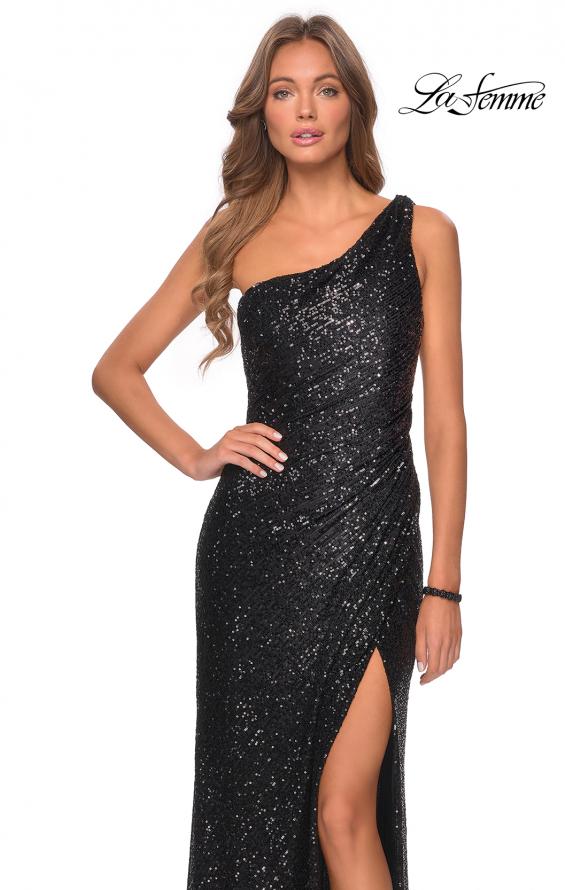 Picture of: Long Sequin One Shoulder Ruched Prom Dress in Black, Style: 28401, Detail Picture 4