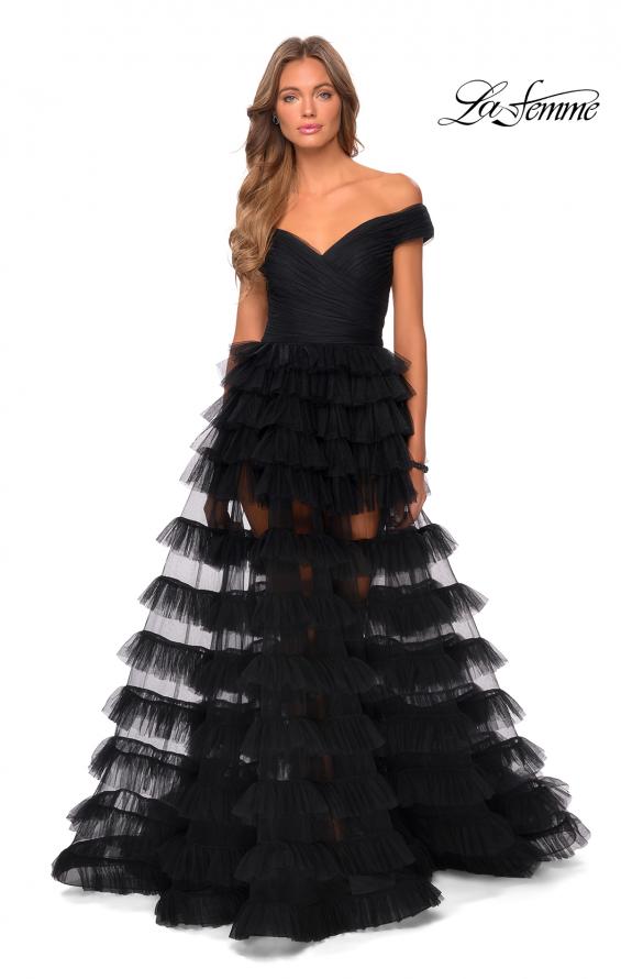 Picture of: Sheer Layered Tulle Off the Shoulder Prom Gown in Black, Style: 28804, Detail Picture 4