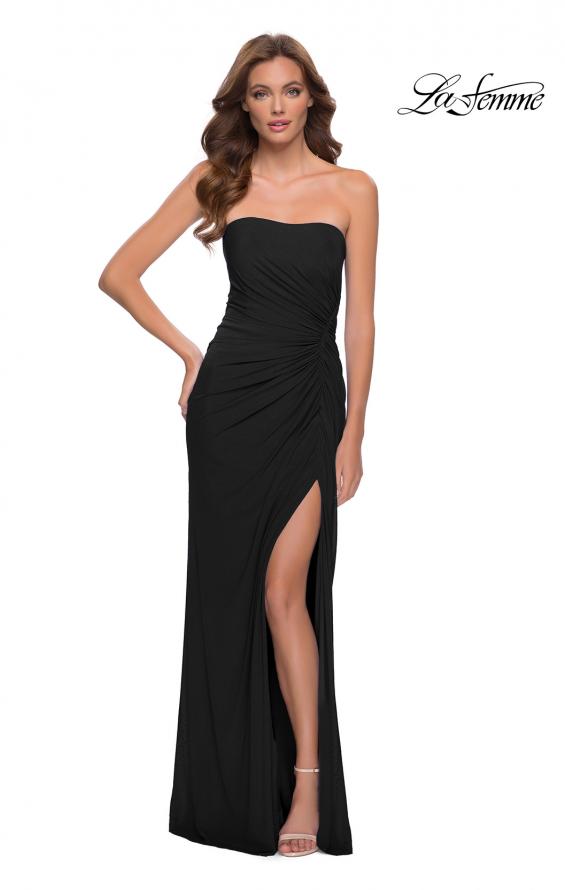 Picture of: Strapless Jersey Dress with Ruching and Skirt Slit in Black, Style 29489, Detail Picture 4