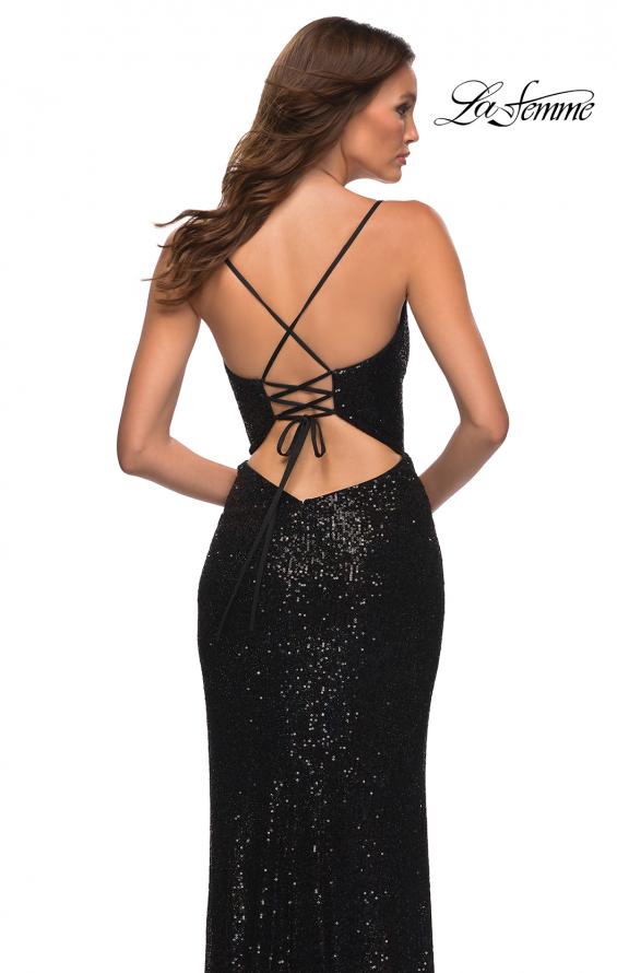 Picture of: Long Sequin Gown with Wrap Style Top and Slit in Black, Detail Picture 4