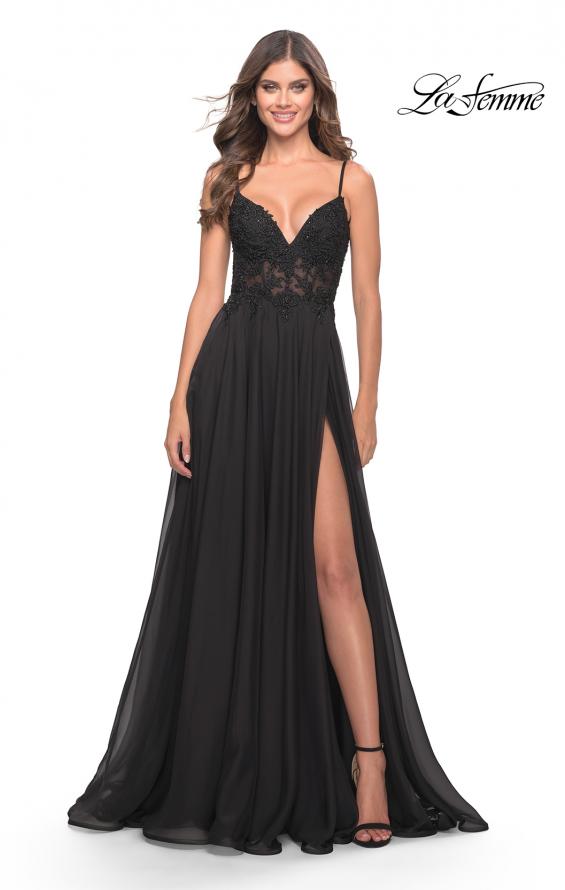 Picture of: A-line Gown with Sheer Floral Embellished Bodice in Jewel Tones in Black, Style: 30639, Detail Picture 4