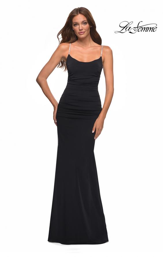 Picture of: Net Jersey Long Dress with Ruching and Diamond Straps in Black, Style: 30701, Detail Picture 4