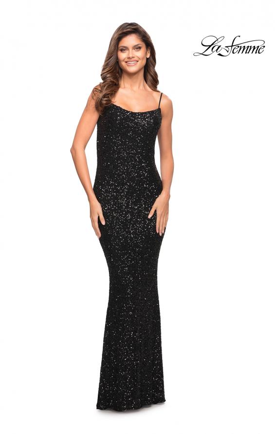 Picture of: Lovely Long Soft Sequin Dress with Scoop Neck in Black, Style: 30707, Detail Picture 4