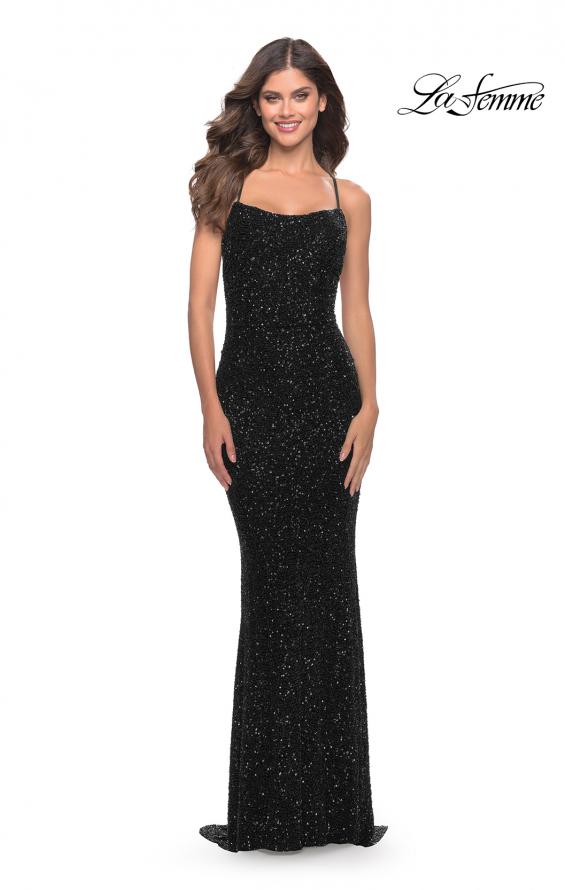 Picture of: Chic Soft Sequin Stretch Dress with Open Back in Jewel Tones in Black, Style: 31027, Detail Picture 4