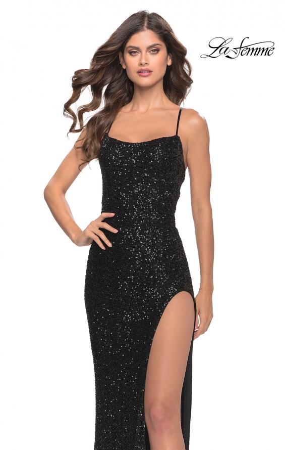 Picture of: Simple Stretch Sequin Gown with High Circle Slit in Black, Style: 31166, Detail Picture 4
