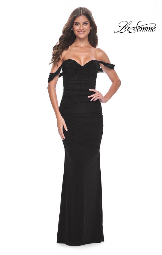 Picture of: Off the Shoulder Net Jersey Dress with Ruching in Black, Style: 31914, Detail Picture 4