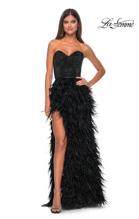Picture of: Feather Prom Gown with High Slit and Full Rhinestone Strapless Bodice in Black, Style: 32165, Detail Picture 4
