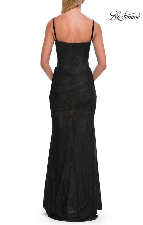 Black Picture of: Ruched Beaded Mesh and Lace Gown with V-Neckline in Black, Style: 33632, Detail Picture 4