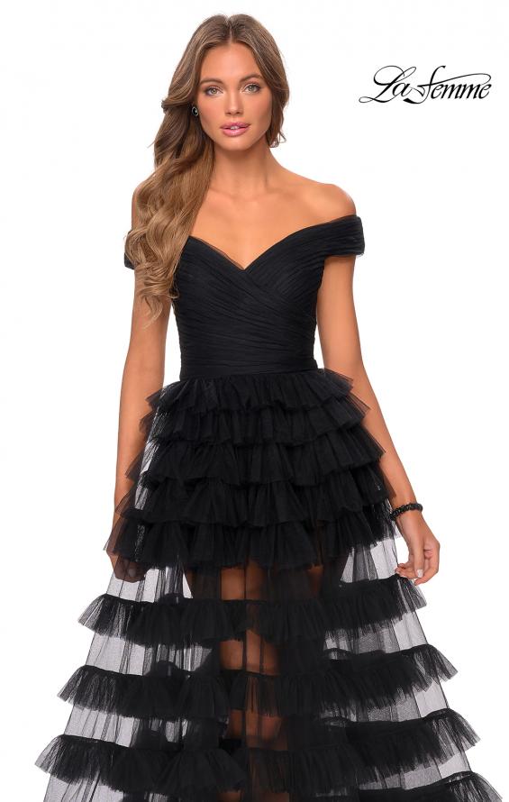 Picture of: Sheer Layered Tulle Off the Shoulder Prom Gown in Black, Style: 28804, Detail Picture 5