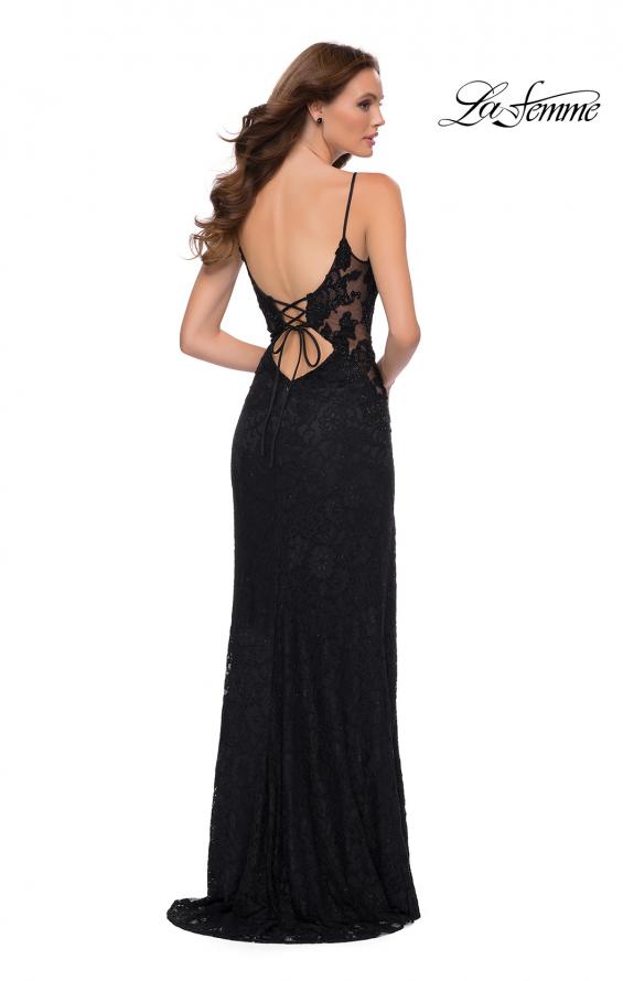 Picture of: Sleek Lace Long Dress with Sheer Sides and Open Back in Black, Style 29694, Detail Picture 5