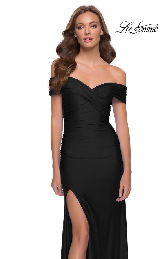 Picture of: Off the Shoulder Chic Jersey Gown with Ruching in Black, Style 29781, Detail Picture 5