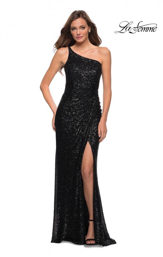 Picture of: Sequin Gown with One Shoulder Top and Open Back in Black, Style 29962, Detail Picture 5