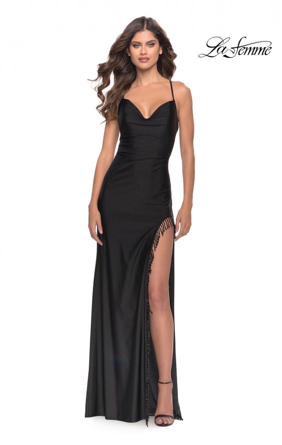 Picture of: Fringe Beaded Slit Jersey Gown with Lace Up Back in Black, Style: 31326, Detail Picture 5